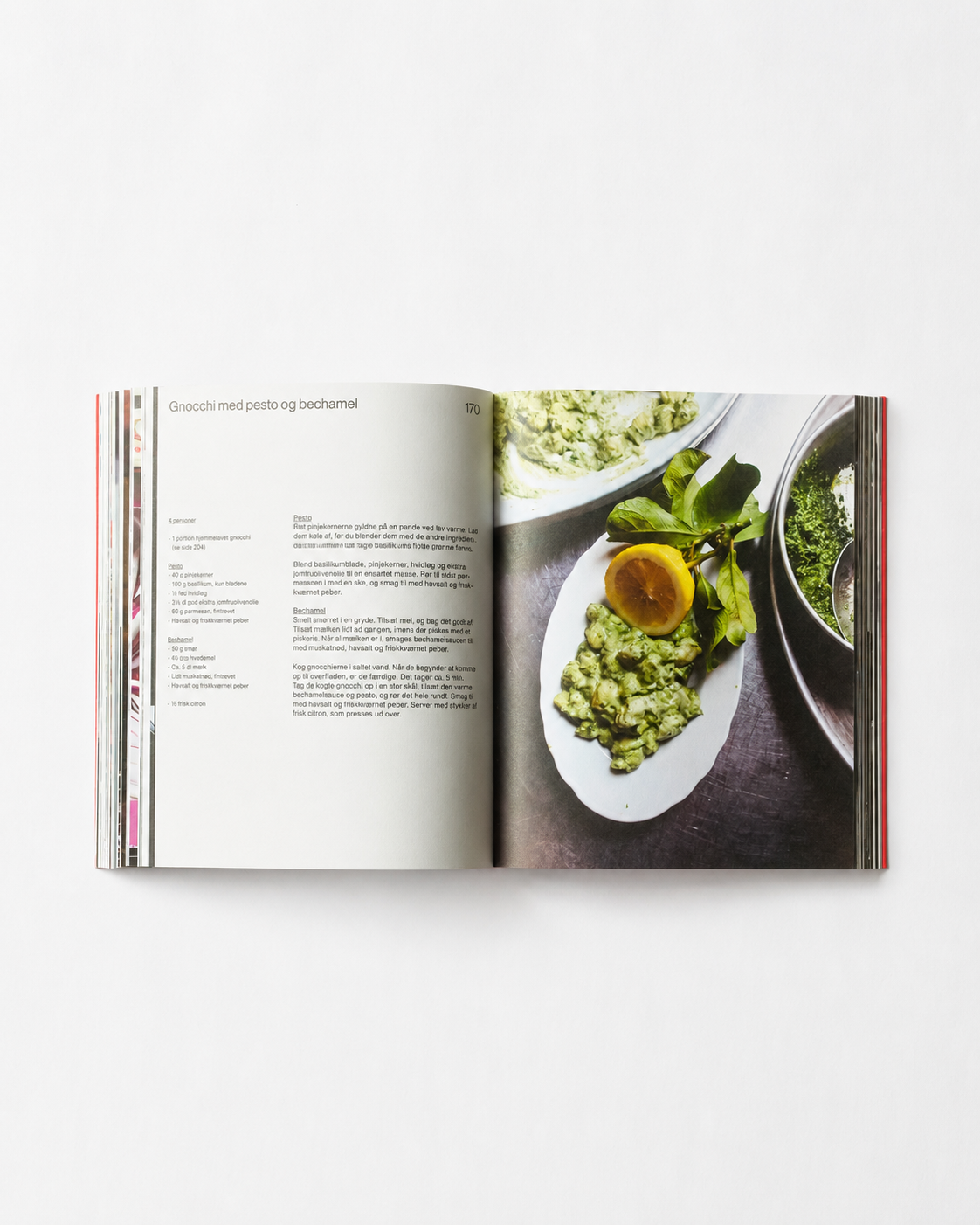 Osteria 16 kogebog side 170 — gnocchi med pesto og bechamel med citron på tallerken på stålbord | Osteria 16 cookbook page 170 — gnocchi with pesto and bechamel with lemon on a plate on a steel table