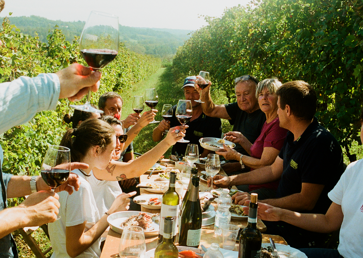A long table in a Piemonte vineyard, glasses raised