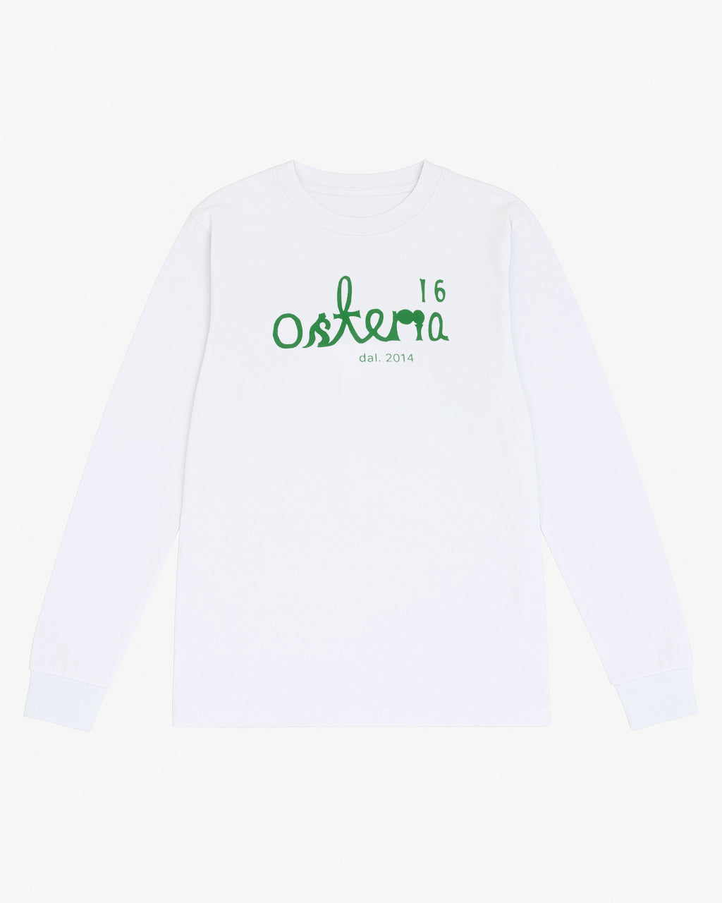 O16 langærmet hvid shirt med Osteria 16 logo — forside produktbillede