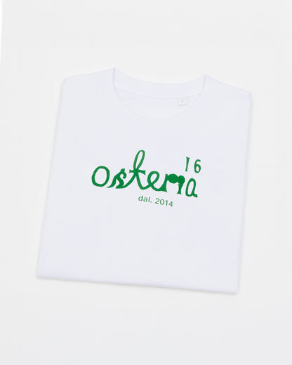 O16 T-shirt hvid — detalje af logo og Osteria 16 brand